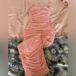 Maxi Bodycon Pearly pink dress with slit